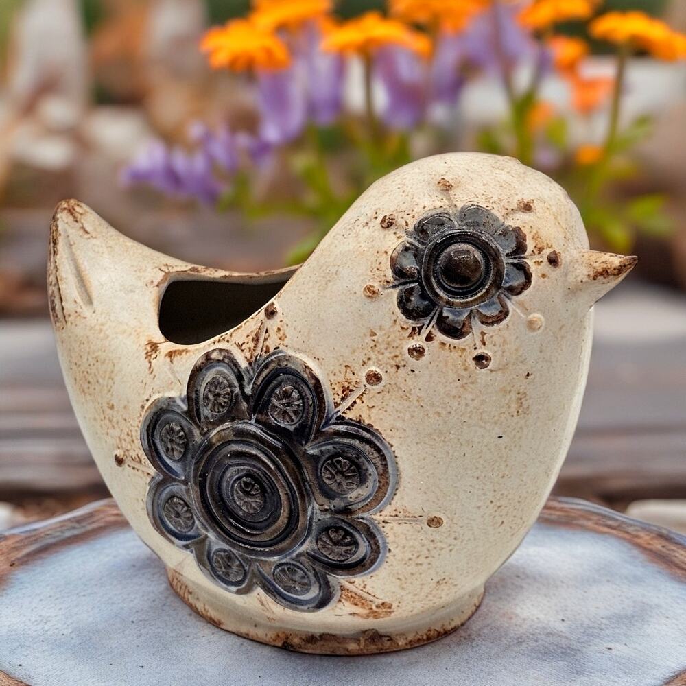 Scandinavian Ceramic Bird Planter Folk Art Floral Rustic Boho Farmhouse Pottery